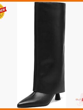 Knee High Fold Over Boots Slouchy Pointed Toe Faux Leather Heeled